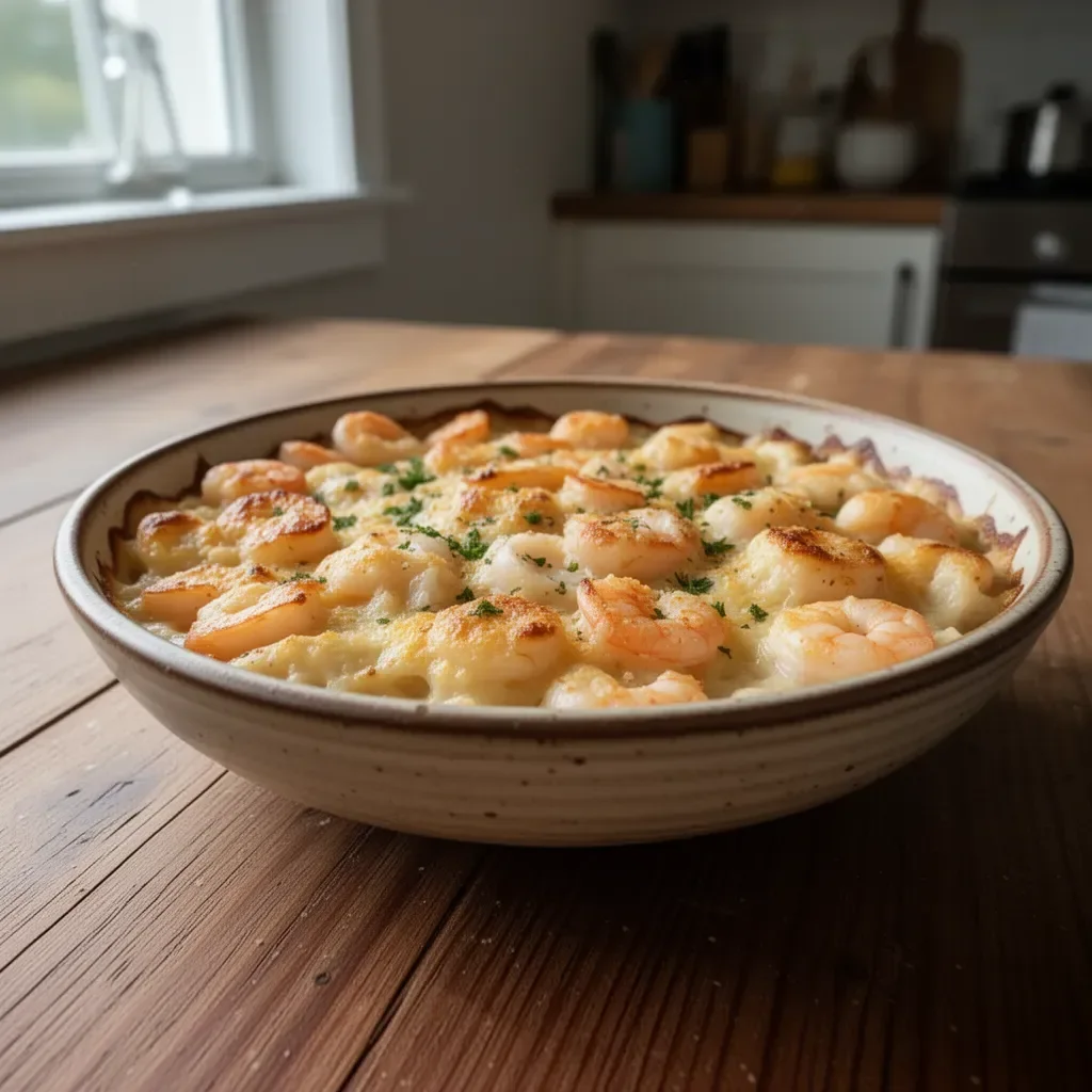 Delicious seafood casserole fresh out of the oven, ready to be served.