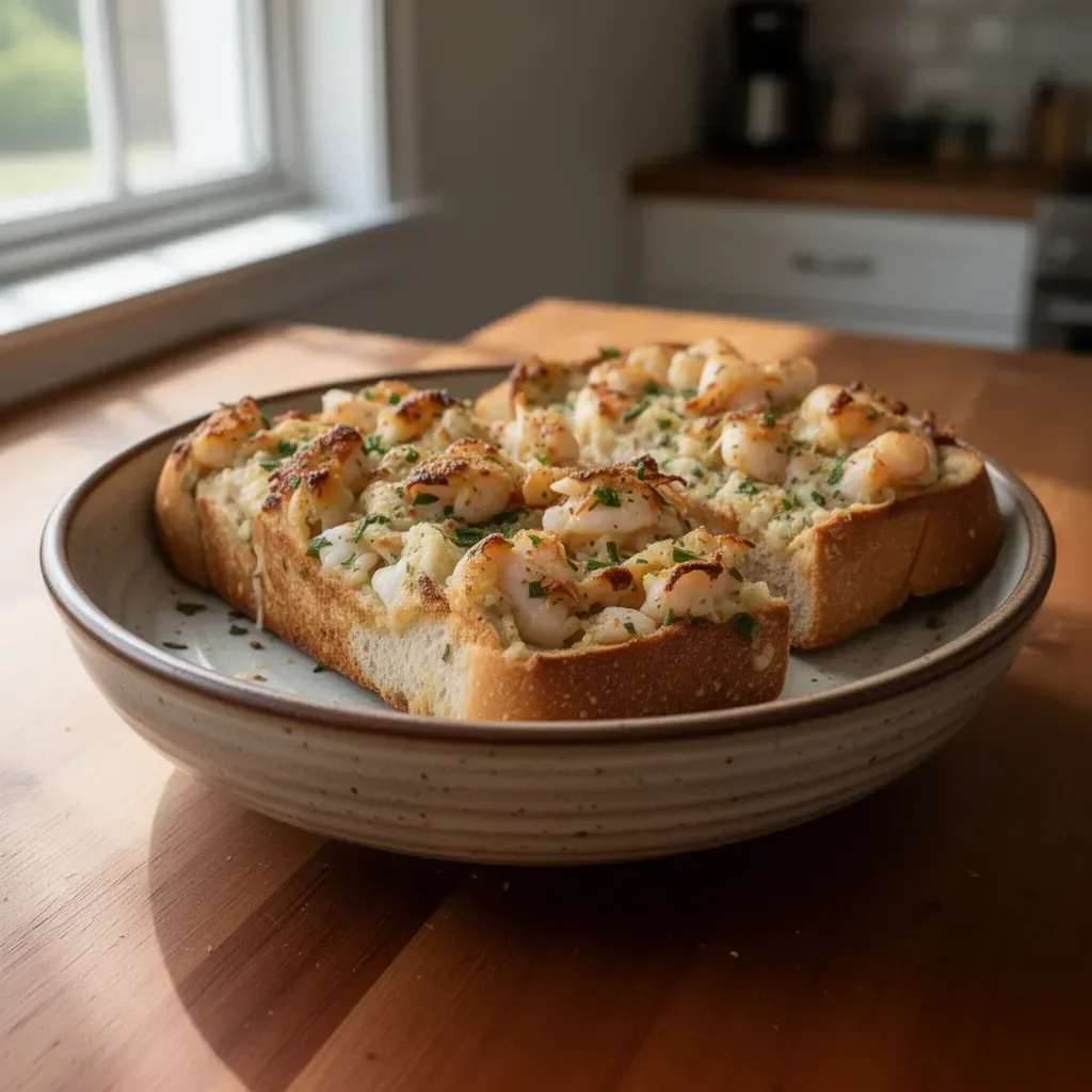 Delicious Seafood Garlic Bread topped with fresh herbs and shrimp