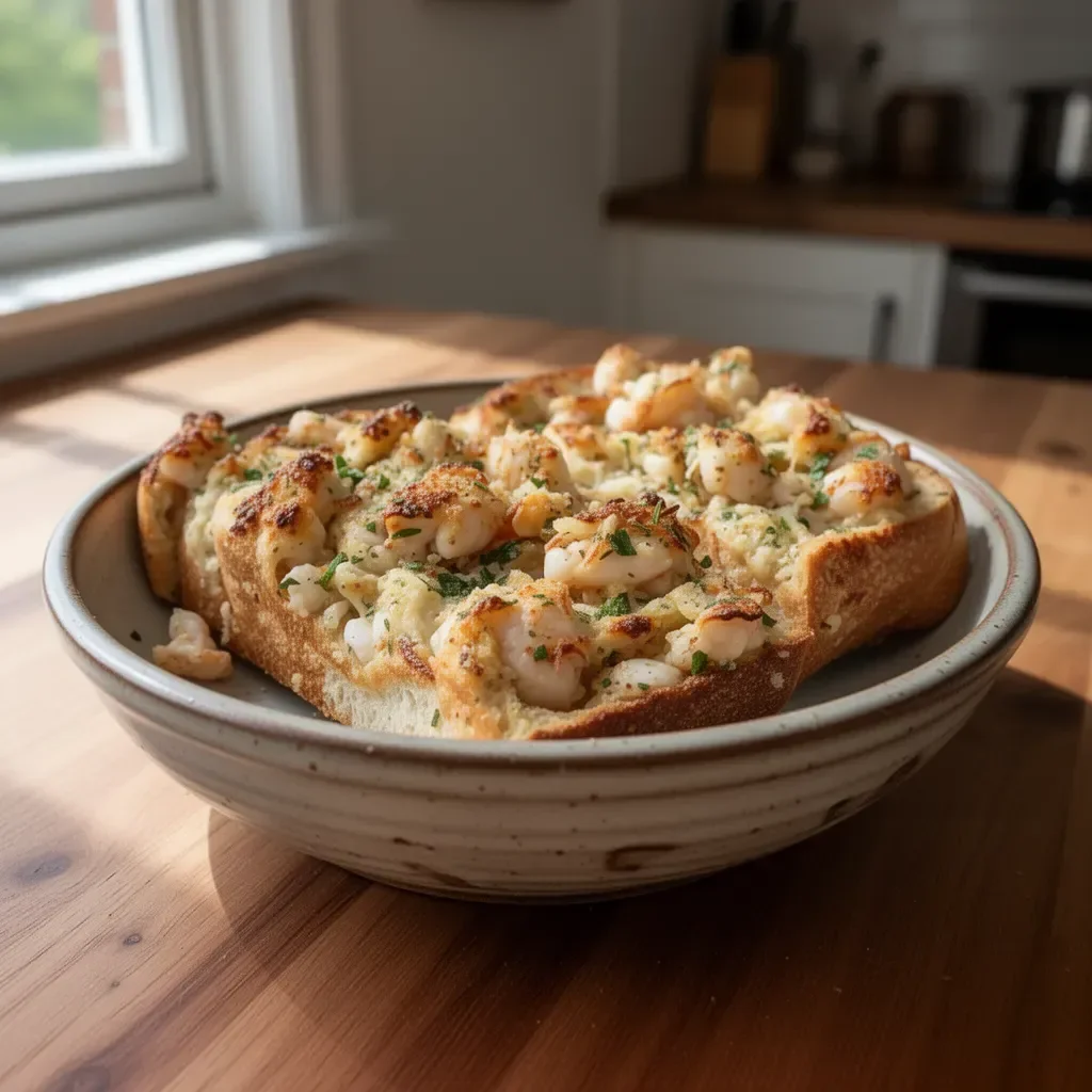 Delicious seafood garlic bread topped with shrimp and herbs.