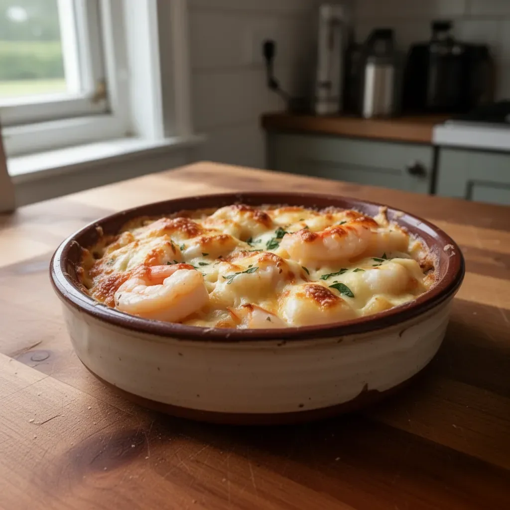 Delicious baked Seafood Gratin topped with cheese and herbs served in a dish