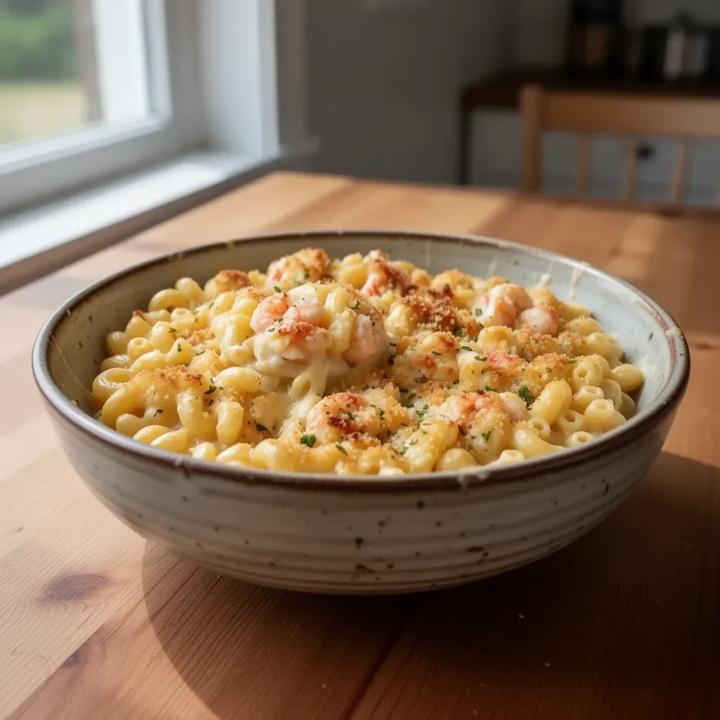 Creamy Seafood Mac and Cheese topped with seafood and cheese