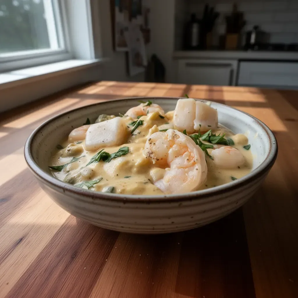 A bowl of creamy Seafood Newburg featuring shrimp, crab, and a rich sauce.