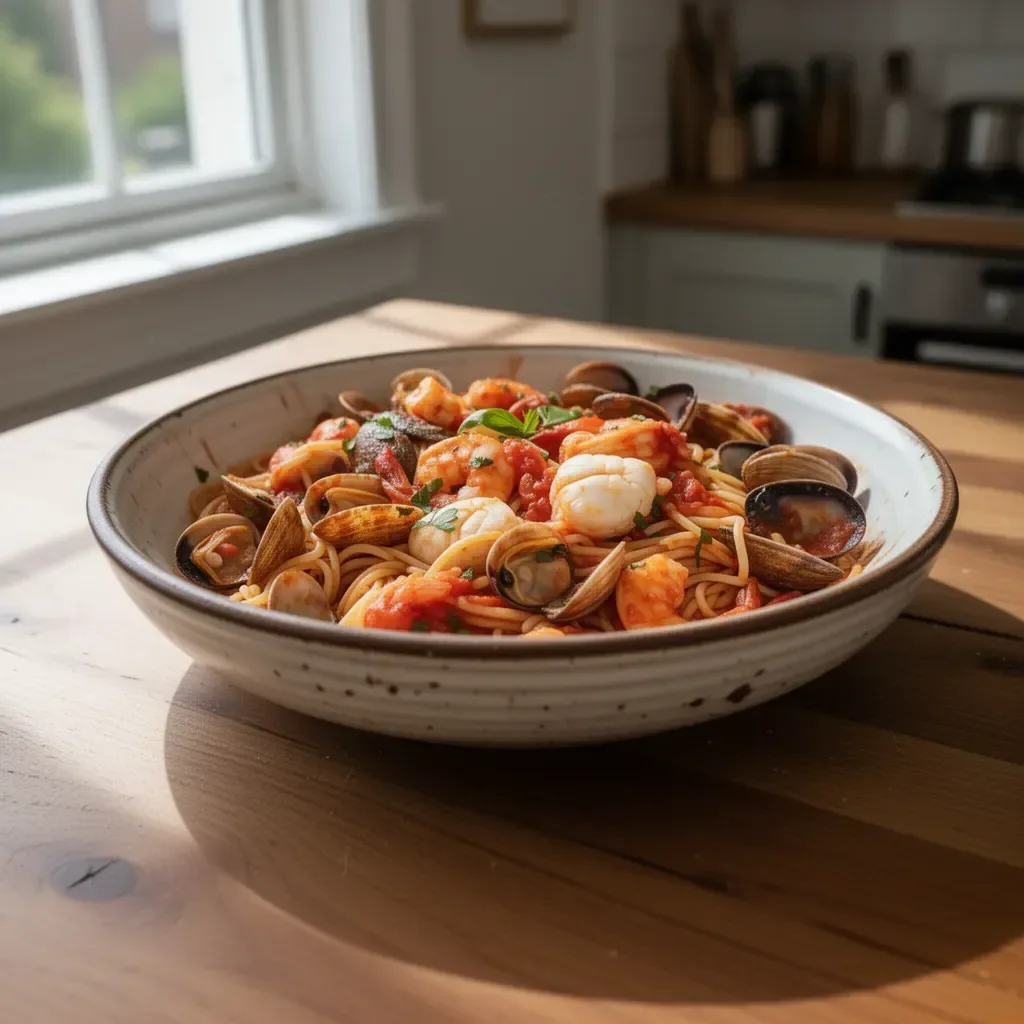 Delicious seafood pasta dish with shrimp, clams, and herbs served in a white sauce