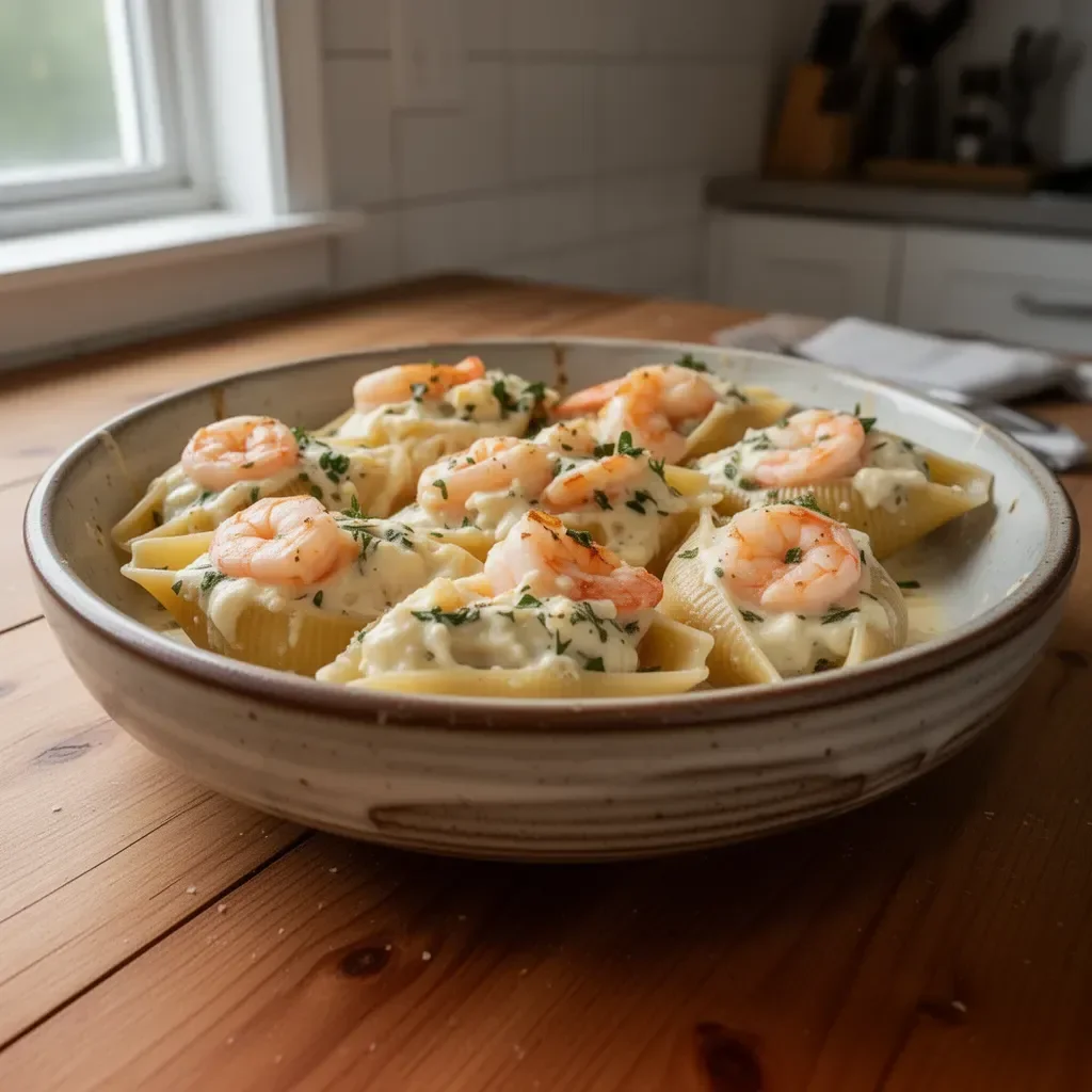 Delicious seafood stuffed shells topped with creamy sauce and cheese.