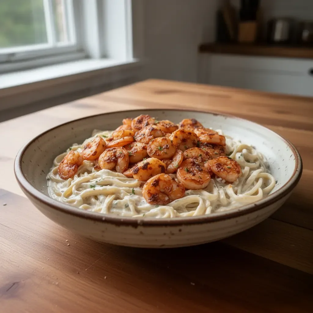 Delicious Shrimp Alfredo pasta dish with succulent shrimp and creamy sauce