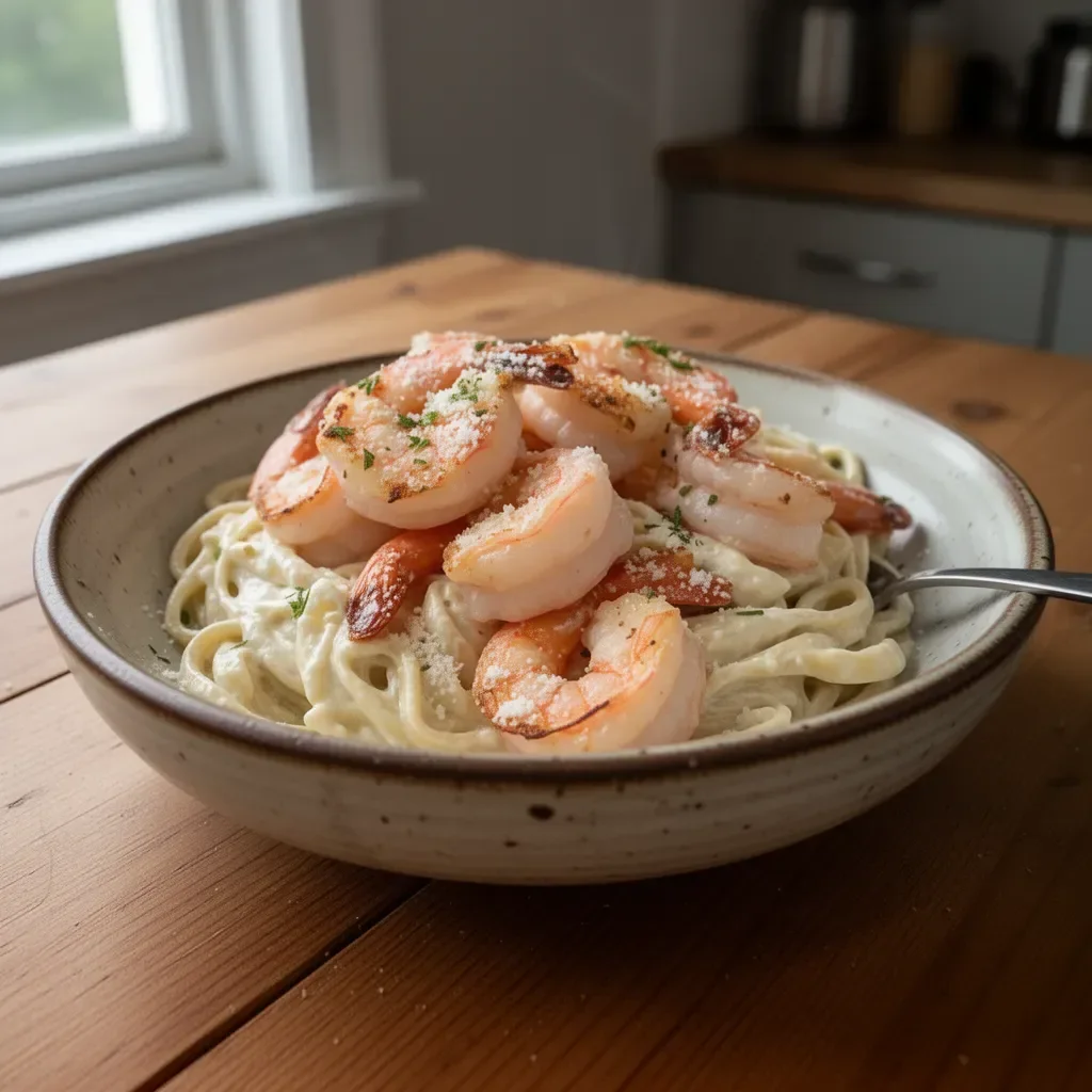 Delicious Shrimp Alfredo served with fettuccine pasta and garnished with parsley