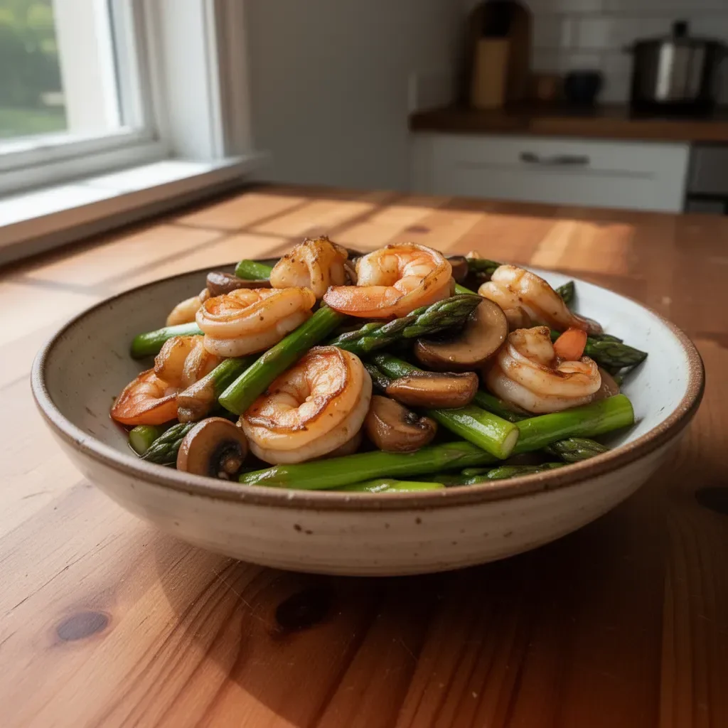 Shrimp stir-fry with asparagus and mushrooms served on a plate