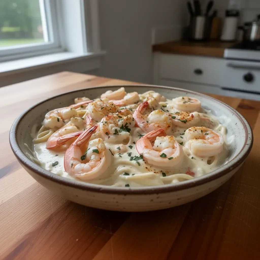 Delicious Shrimp Crab Alfredo pasta dish garnished with herbs.