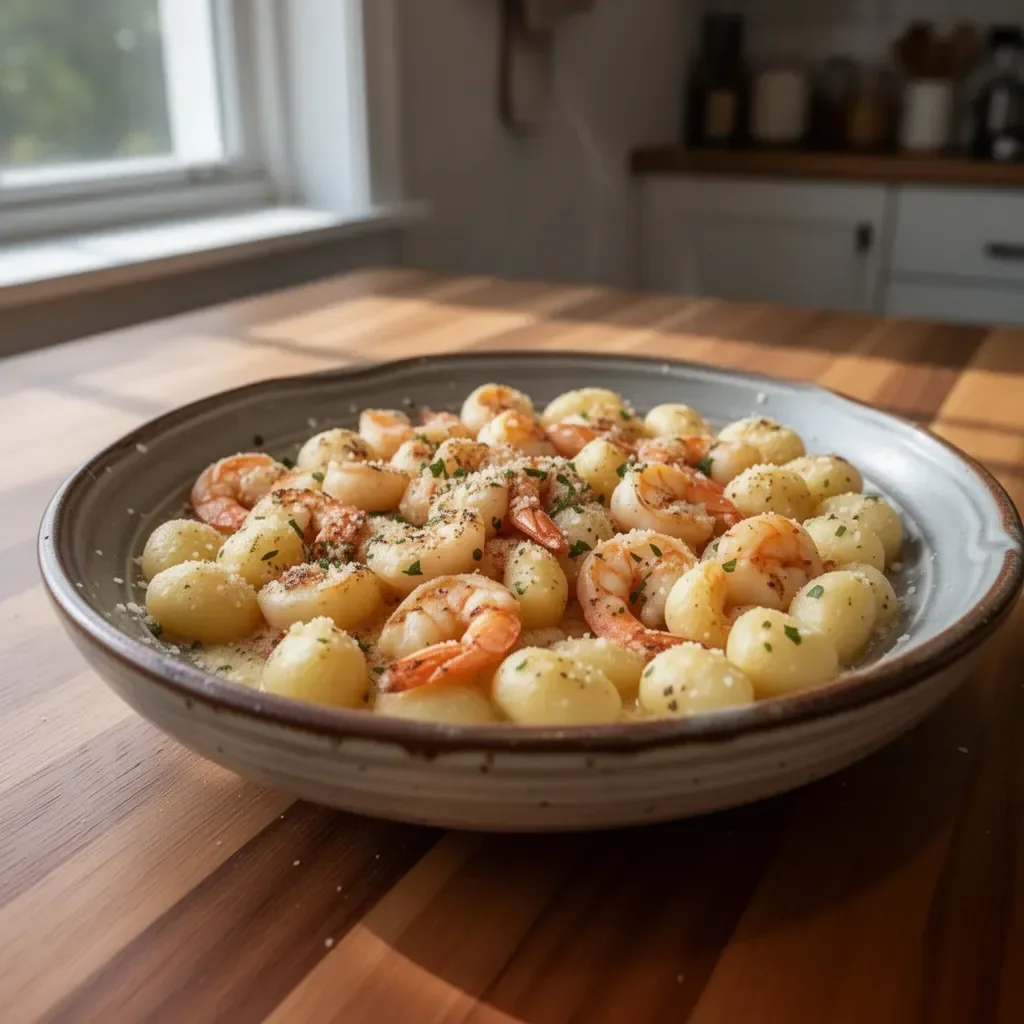 Creamy Shrimp and Gnocchi with Garlic Parmesan dish served in a bowl