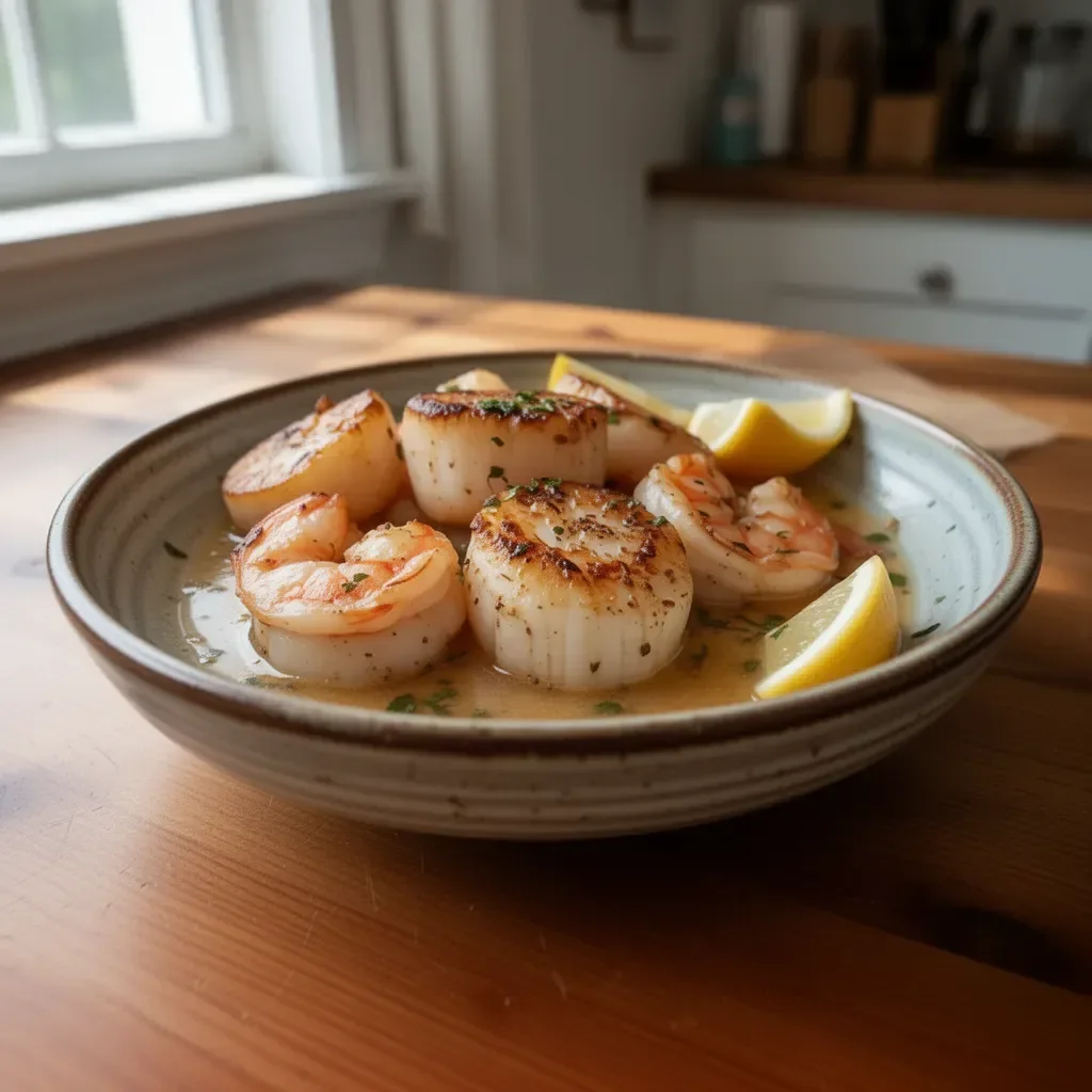 Delicious shrimp and scallops dish served with herbs and spices
