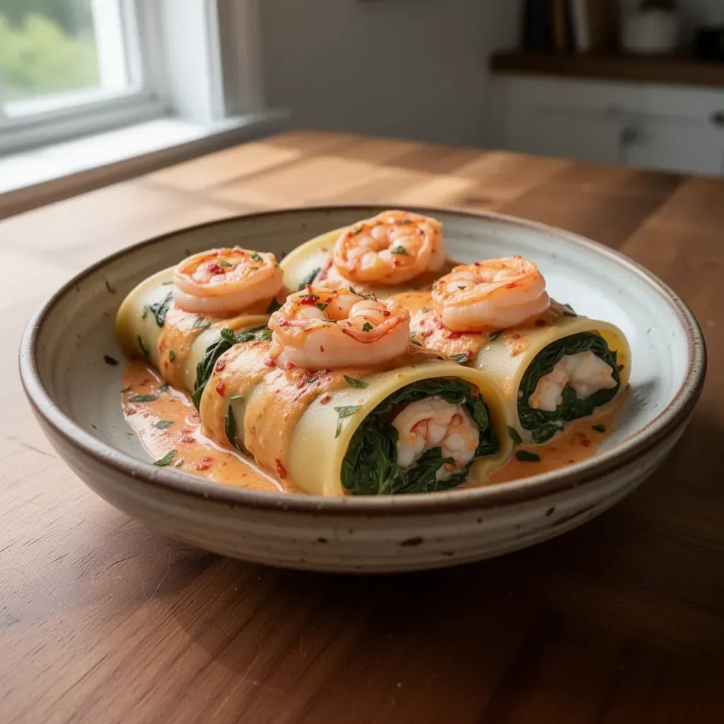 Shrimp and Spinach Stuffed Pasta Rolls served in a creamy sauce