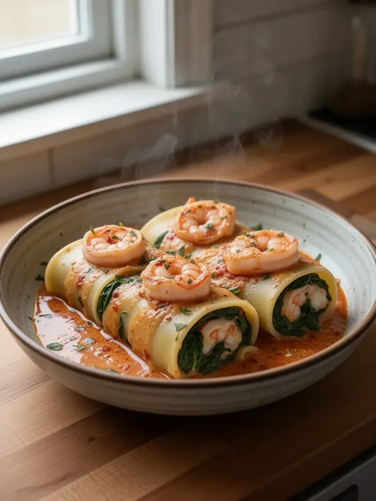 Shrimp and Spinach Stuffed Pasta Rolls