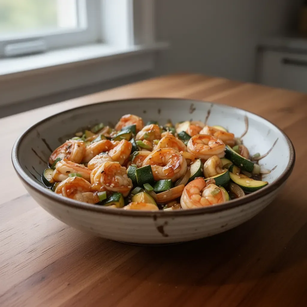 Shrimp stir fry with zucchini and homemade teriyaki sauce in a skillet