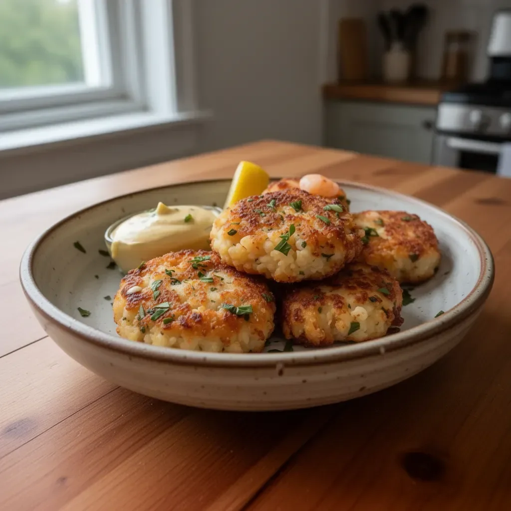 Plate of shrimp cakes served with lemon aioli sauce
