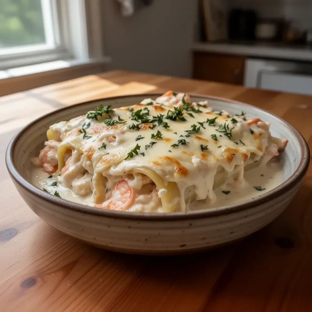 Shrimp Crab Alfredo Lasagna Roll-Ups ready to serve, topped with fresh herbs
