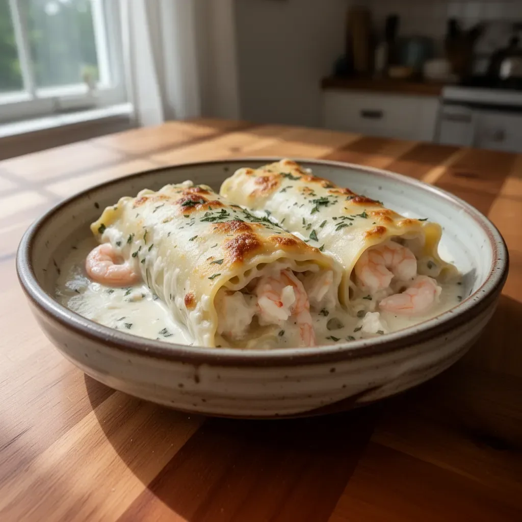 Shrimp Crab Alfredo Lasagna Roll-Ups topped with cheese and herbs