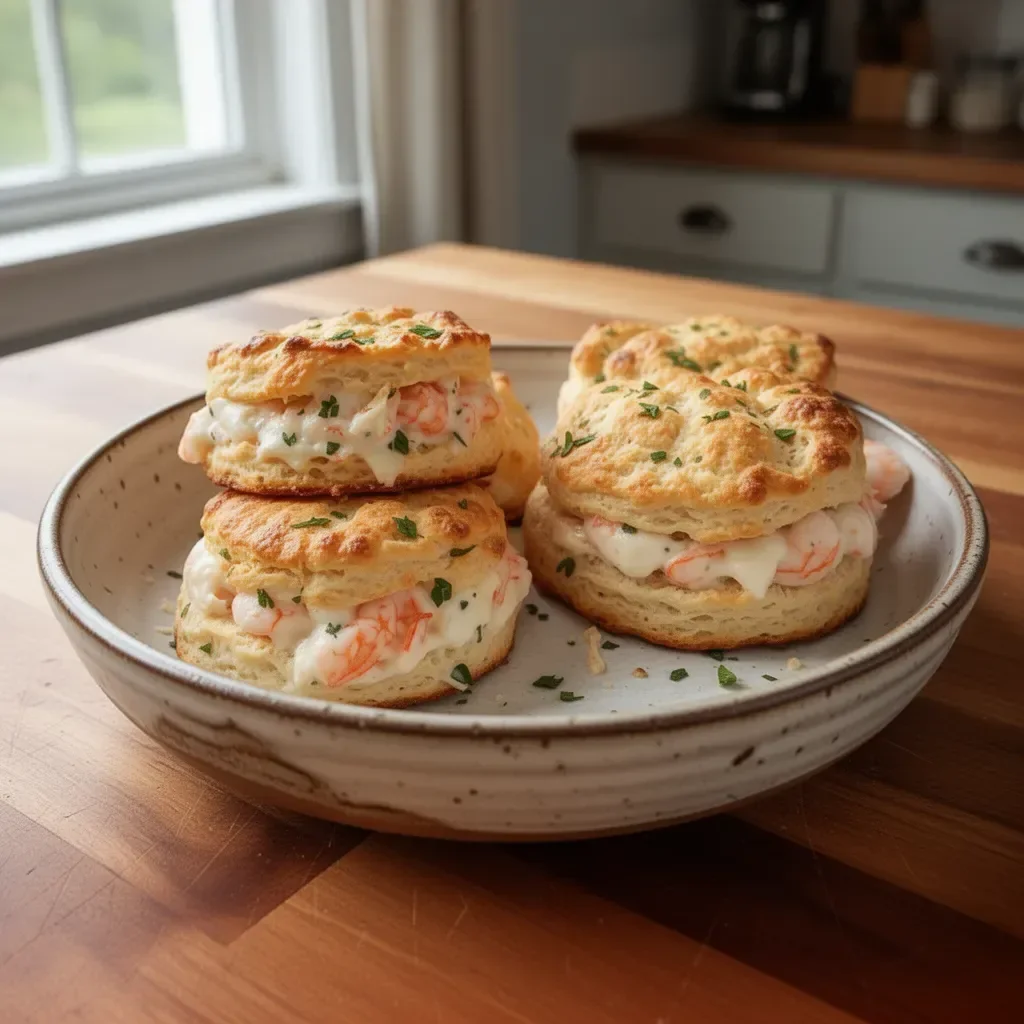 Shrimp crab biscuit melts served warm on a plate