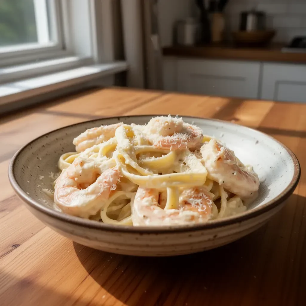 Delicious shrimp fettuccine alfredo served on a white plate