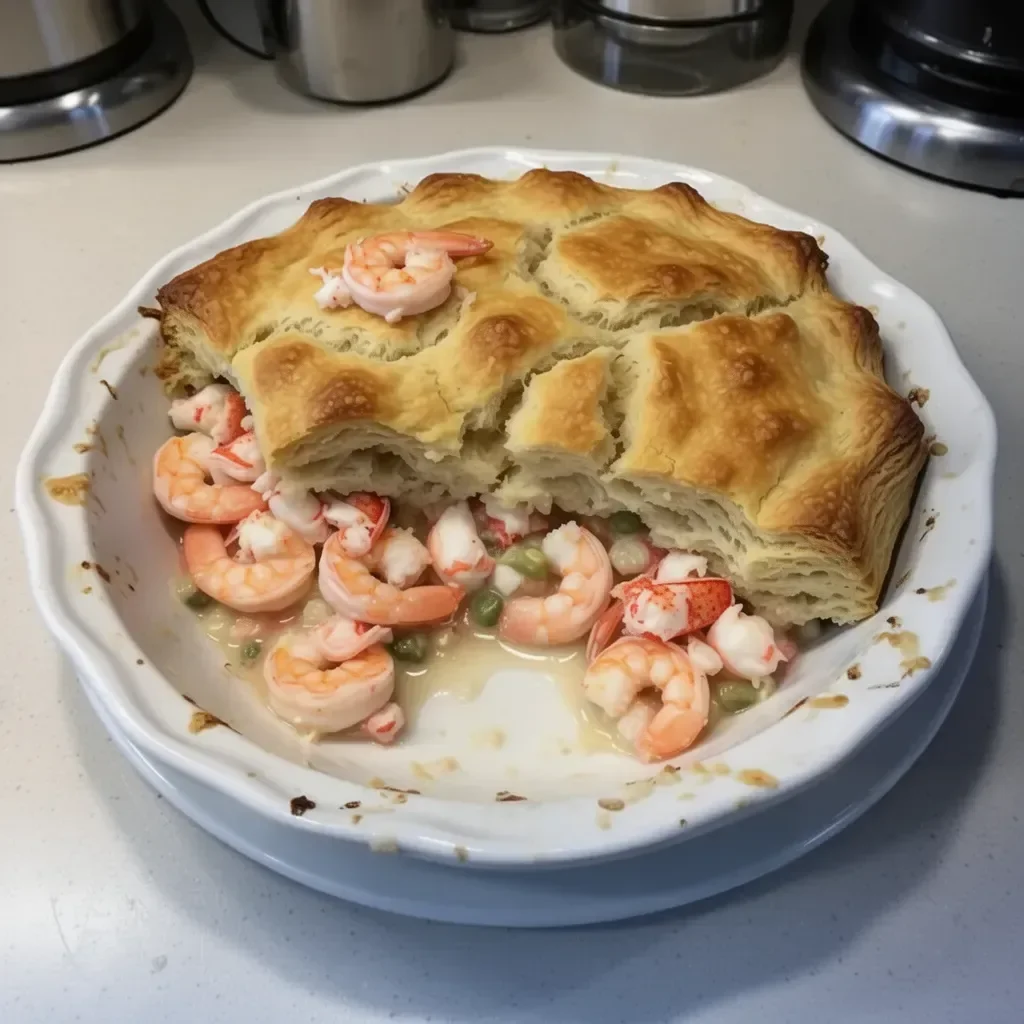 Shrimp and Lobster Biscuit Pot Pie with a golden crust and seafood filling
