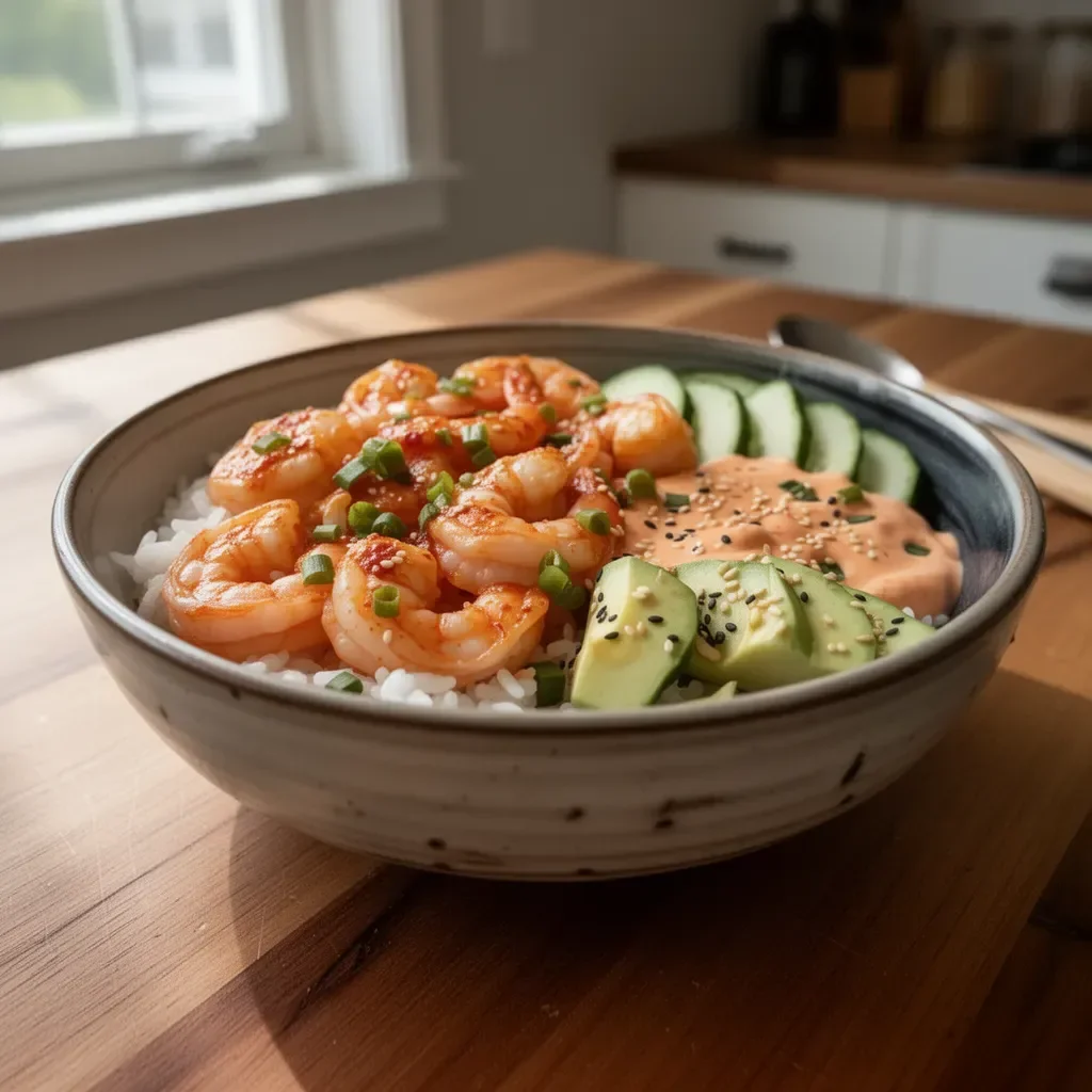 Shrimp rice bowls topped with spicy mayo, a flavorful dish perfect for seafood lovers.