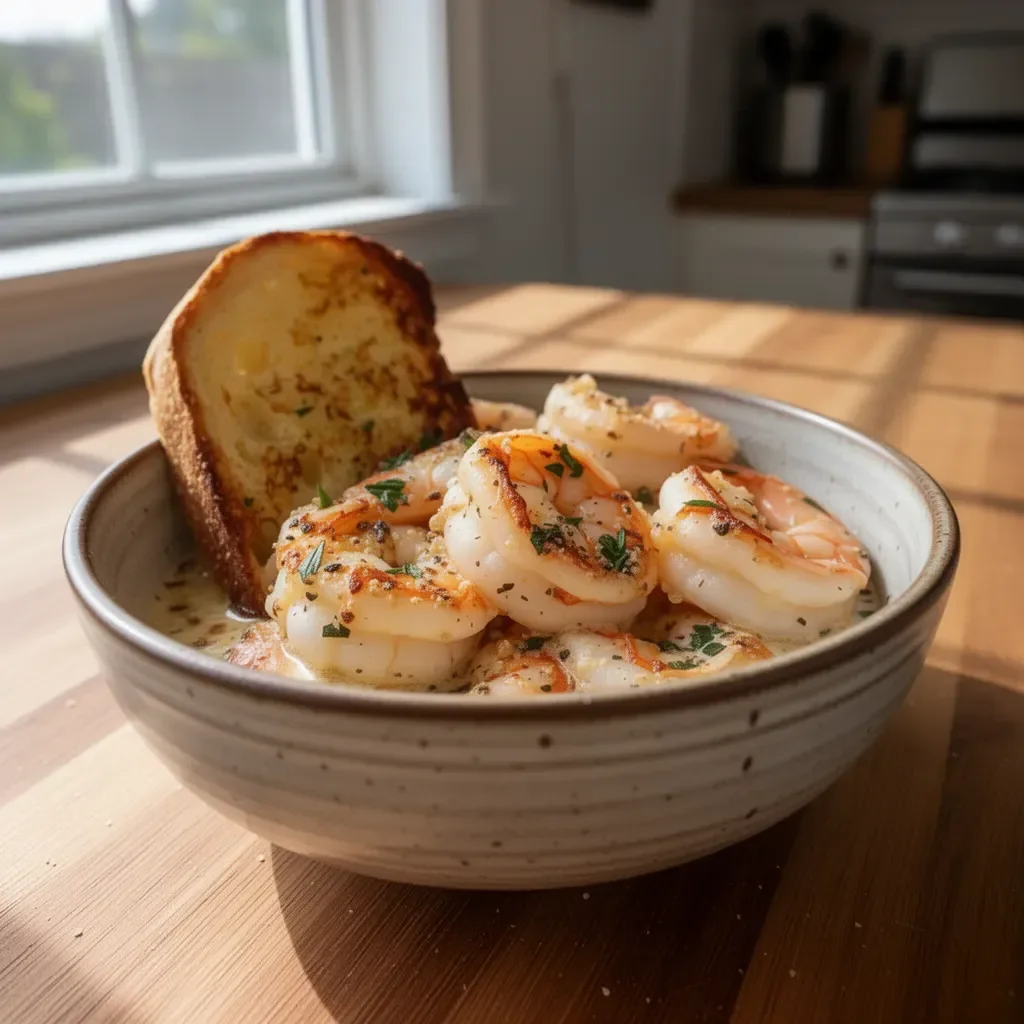 Shrimp scampi bowl garnished with garlic bread, fresh herbs, and lemon wedges.