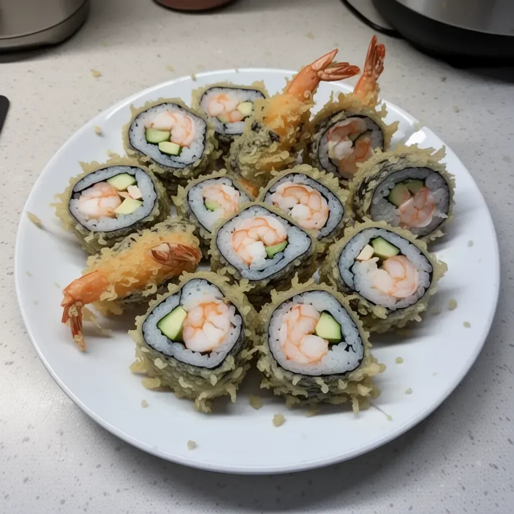 Crispy shrimp tempura roll served with soy sauce and wasabi on a wooden platter.