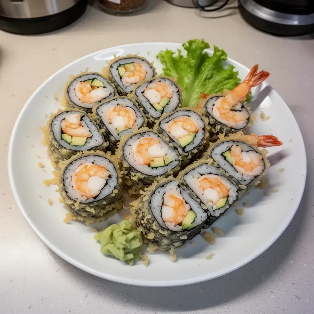 Delicious shrimp tempura roll with crispy shrimp and fresh sushi ingredients.