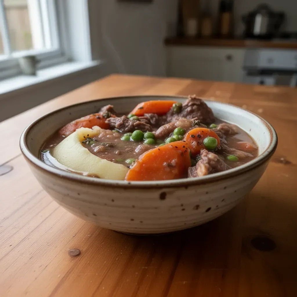 A delicious slow-cooker beef stew with vegetables and herbs in a bowl