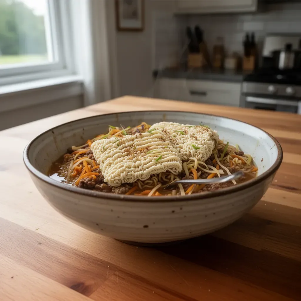 Bowl of slow cooker ramen noodles garnished with green onions and egg