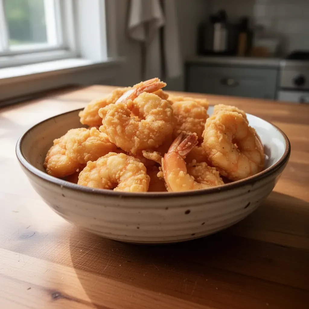 Plate of crispy Southern fried shrimp with dipping sauce