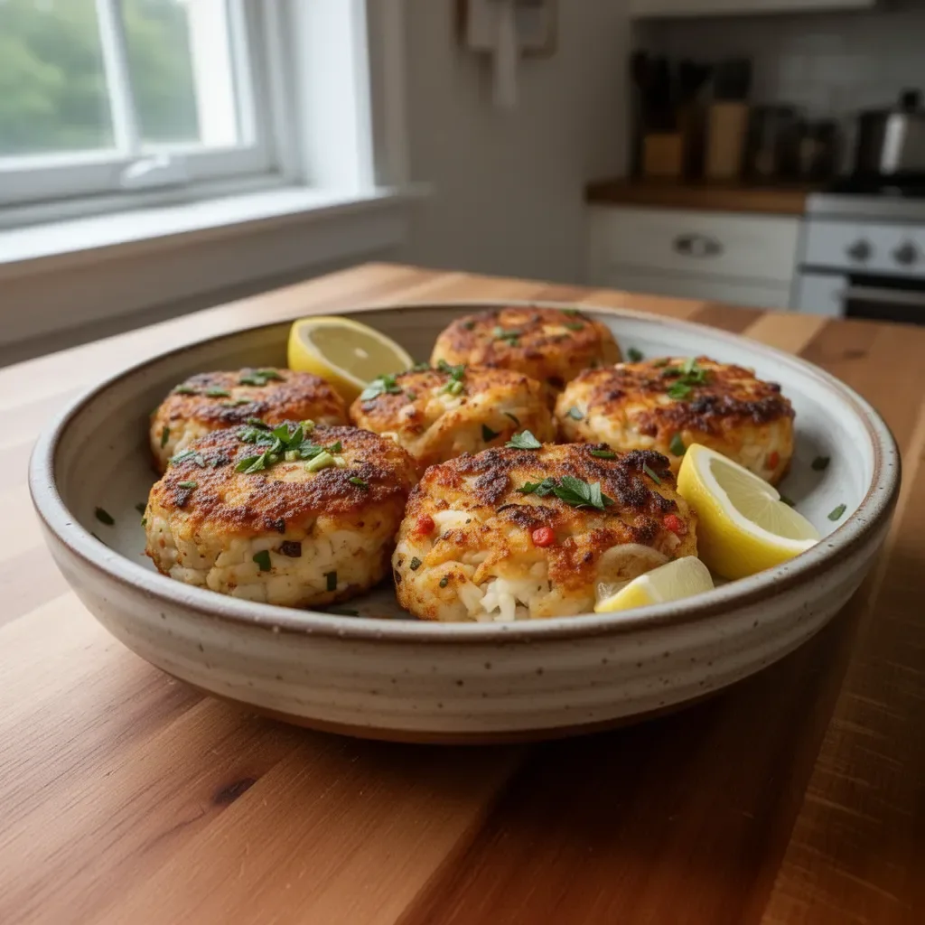 Delicious Spicy Cajun Crab Cakes served on a plate with herbs and lemon.