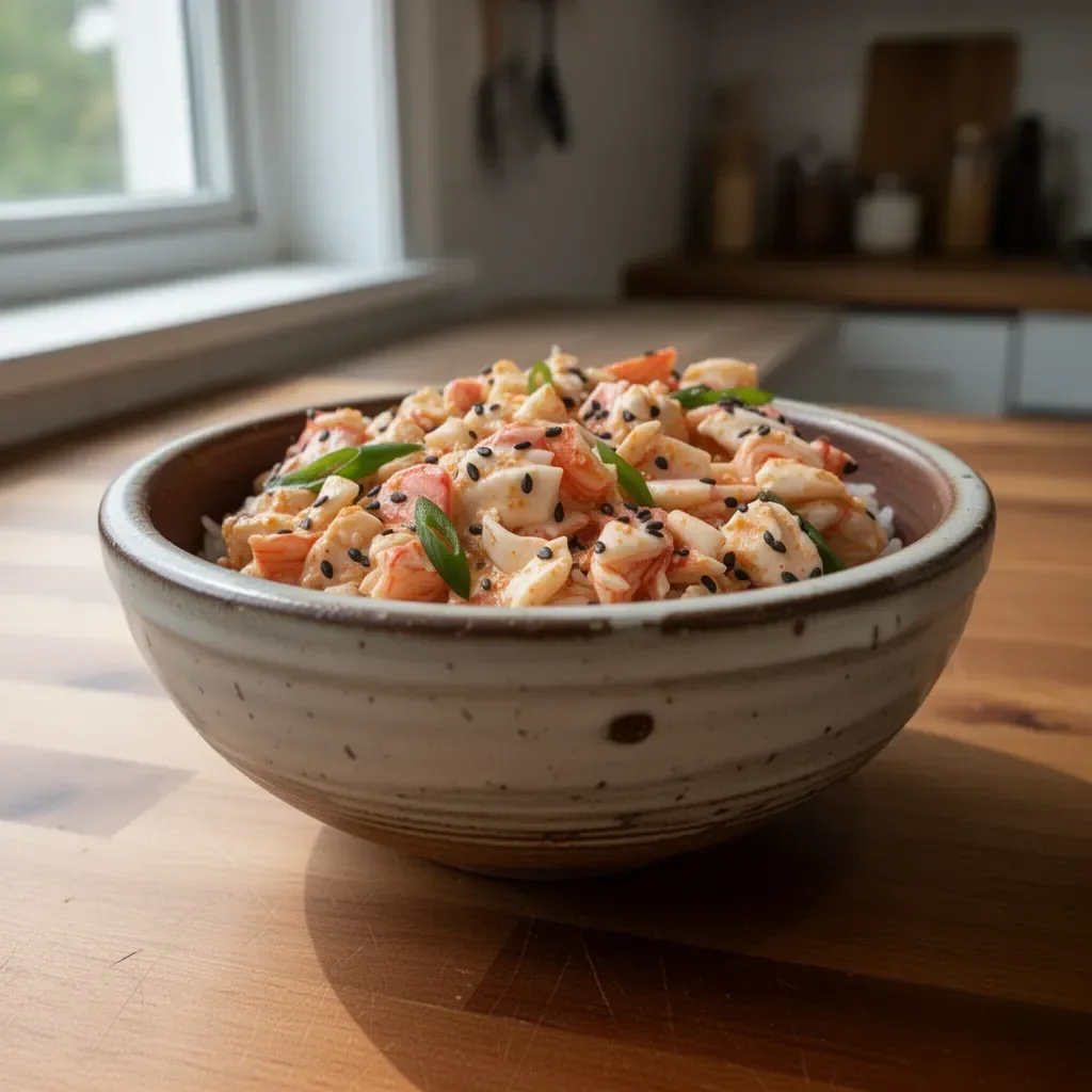 Spicy crab sushi bowls garnished with fresh vegetables and sauces