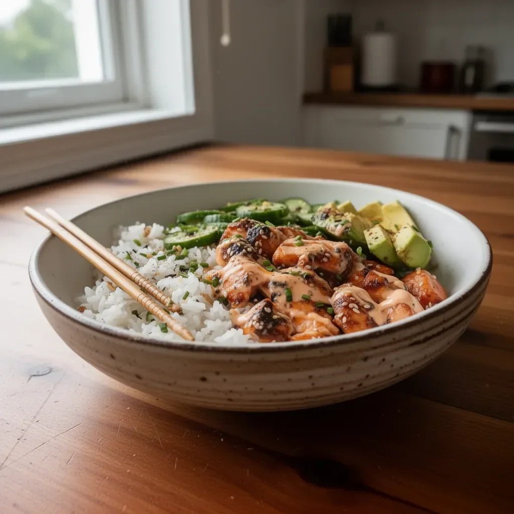 Spicy salmon bowl served with coconut rice and fresh vegetables