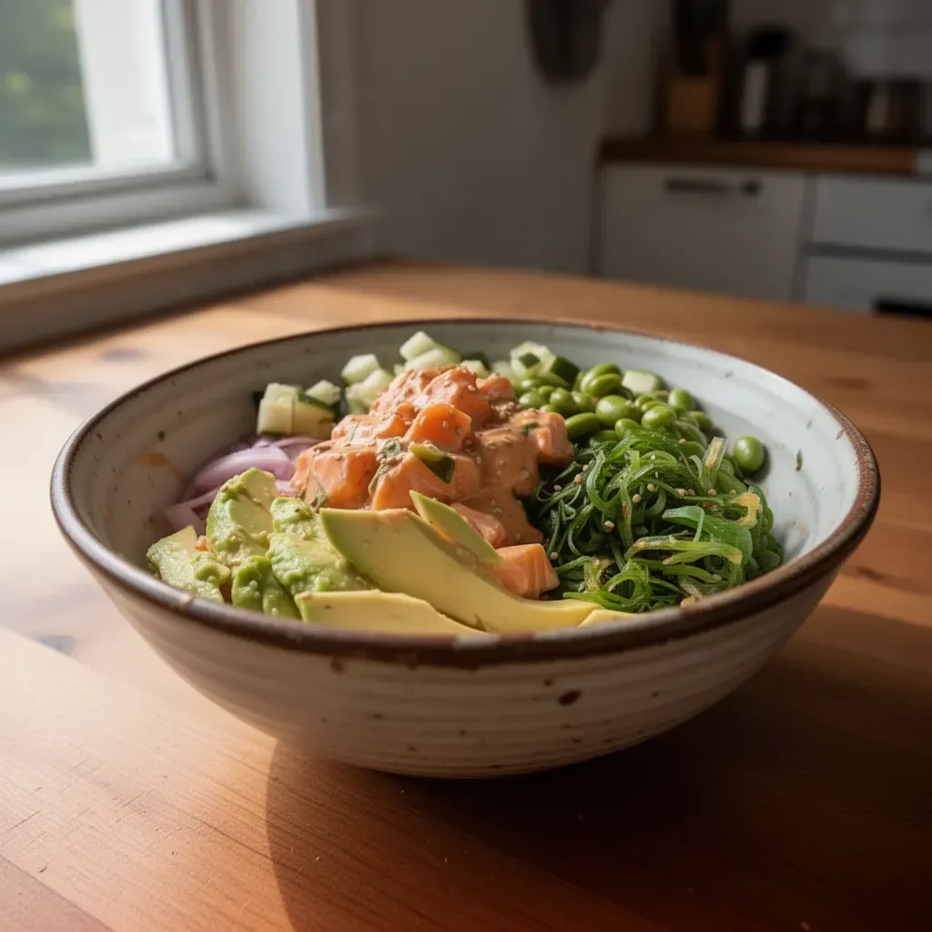 A colorful and appetizing spicy salmon poke bowl topped with fresh ingredients