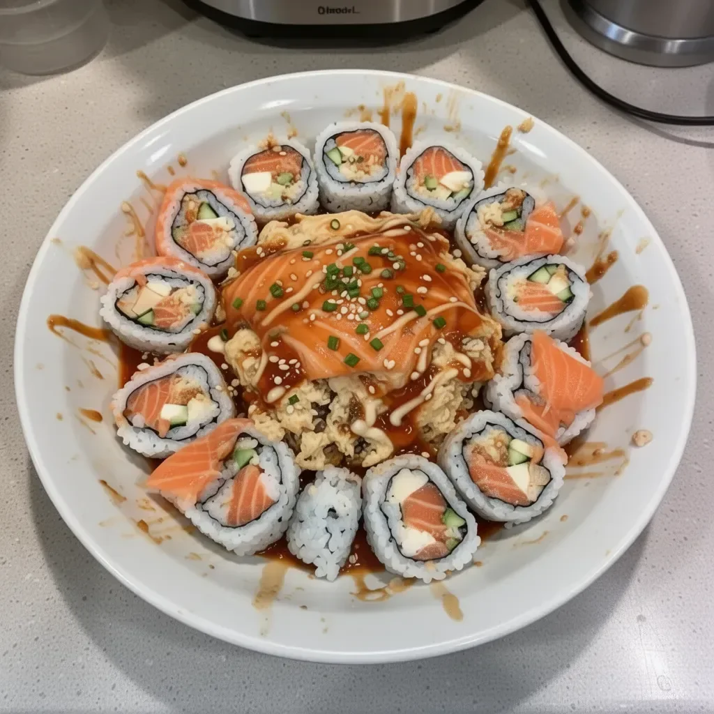 Baked spicy salmon sushi topped with avocado and scallions