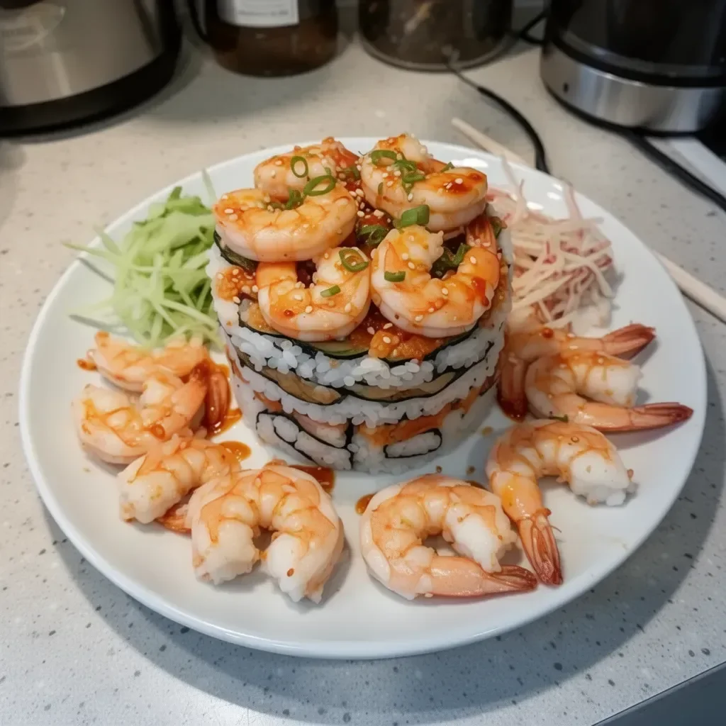 Delicious Spicy Shrimp Sushi Stacks garnished and ready to serve