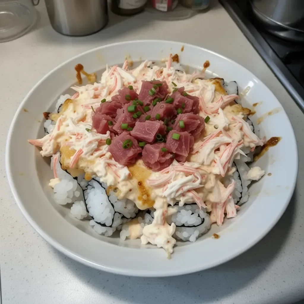 Delicious Spicy Tuna and Creamy Crab Sushi Bake ready to serve.