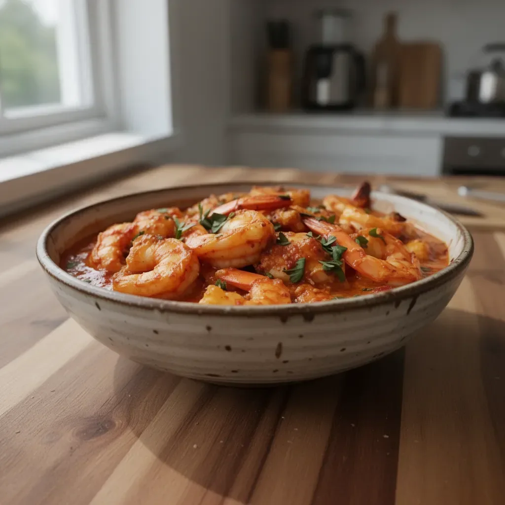 Delicious Spicy Voodoo Shrimp with rich spices and vibrant colors served in a bowl