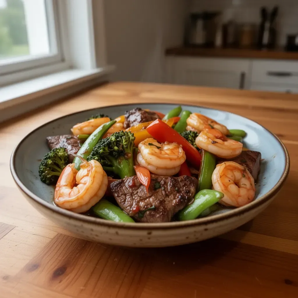 A vibrant Steak and Shrimp Stir Fry with colorful vegetables in a hot skillet.