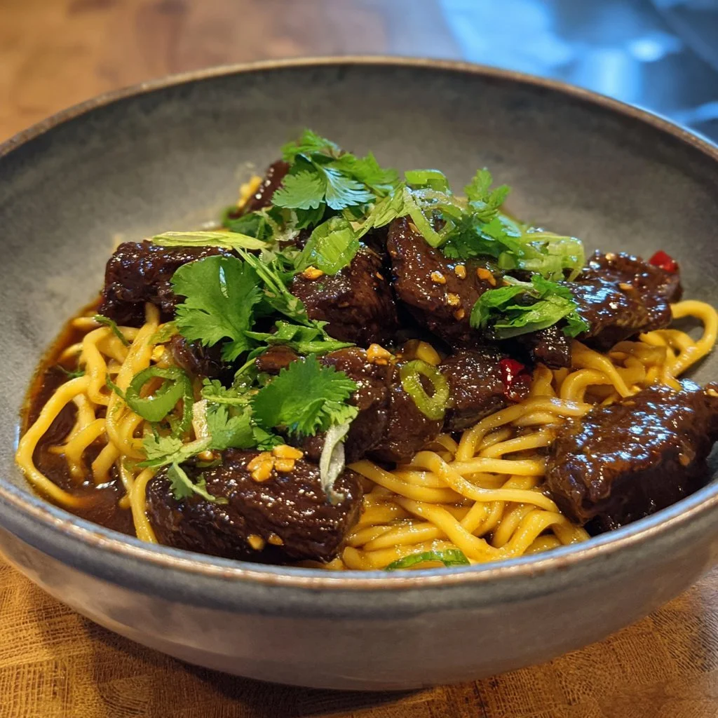 Plate of sticky beef noodles garnished with herbs and spices