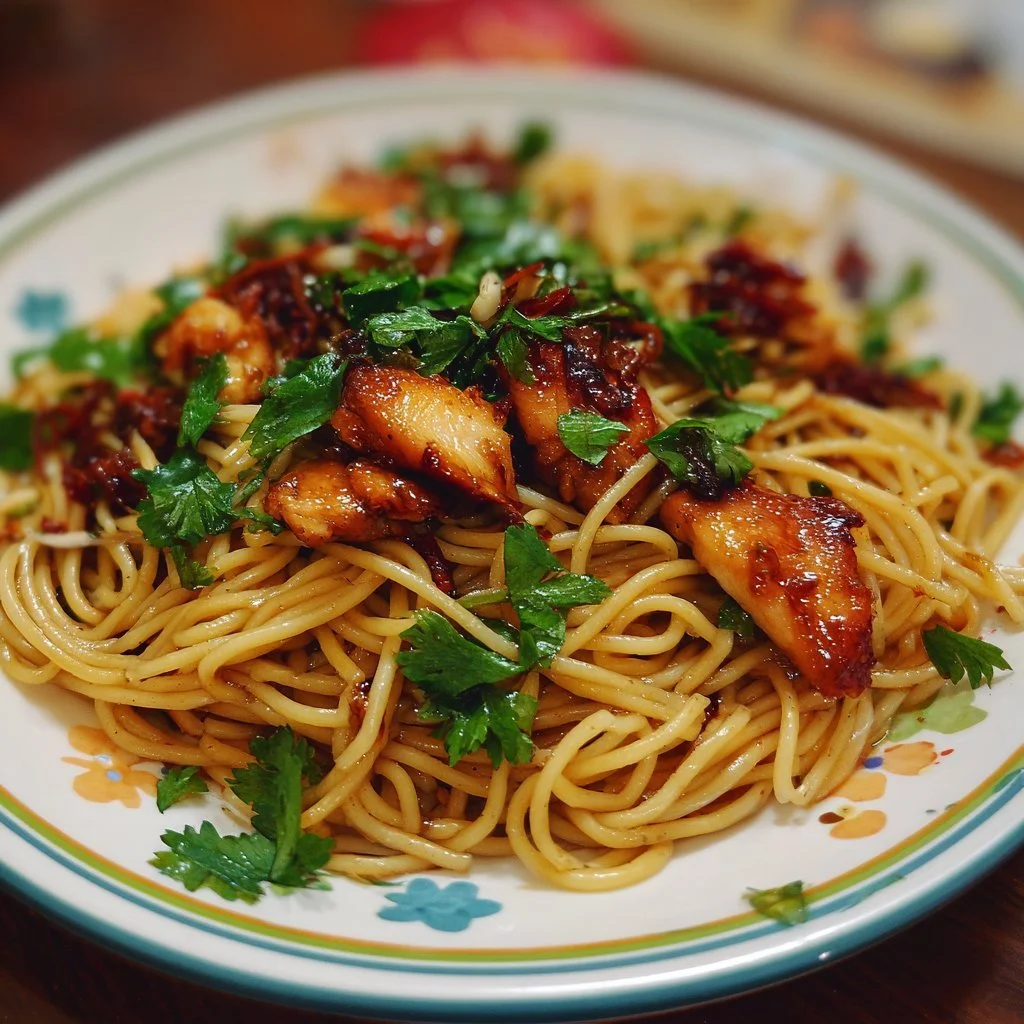Sticky Garlic Chicken Noodles served with vegetables and herbs