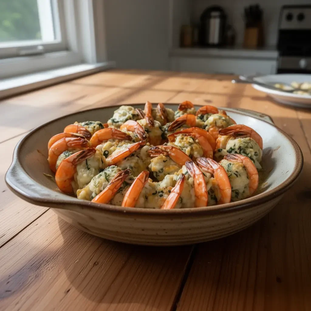 Plate of delicious stuffed shrimp on a wooden table