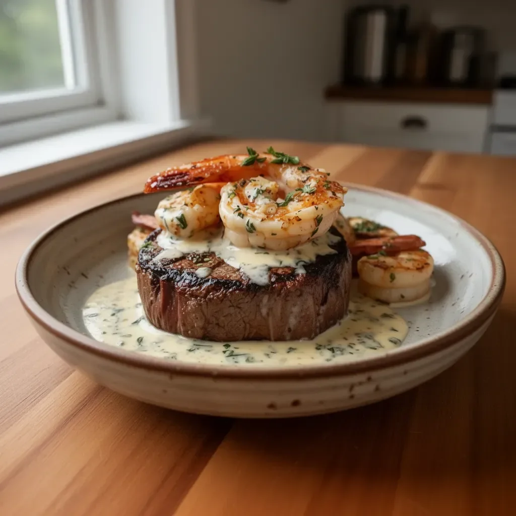 Surf and Turf dish served with creamy garlic sauce