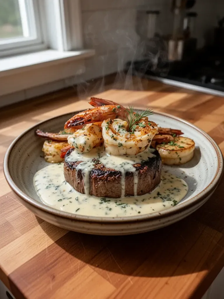Surf and Turf with Creamy Garlic Sauce