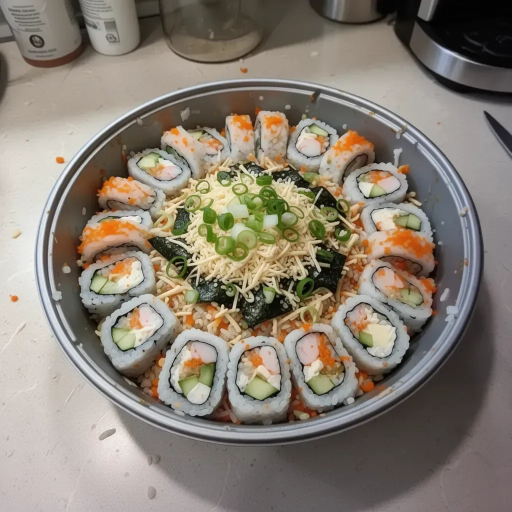 Delicious sushi bake topped with fresh ingredients and served hot.