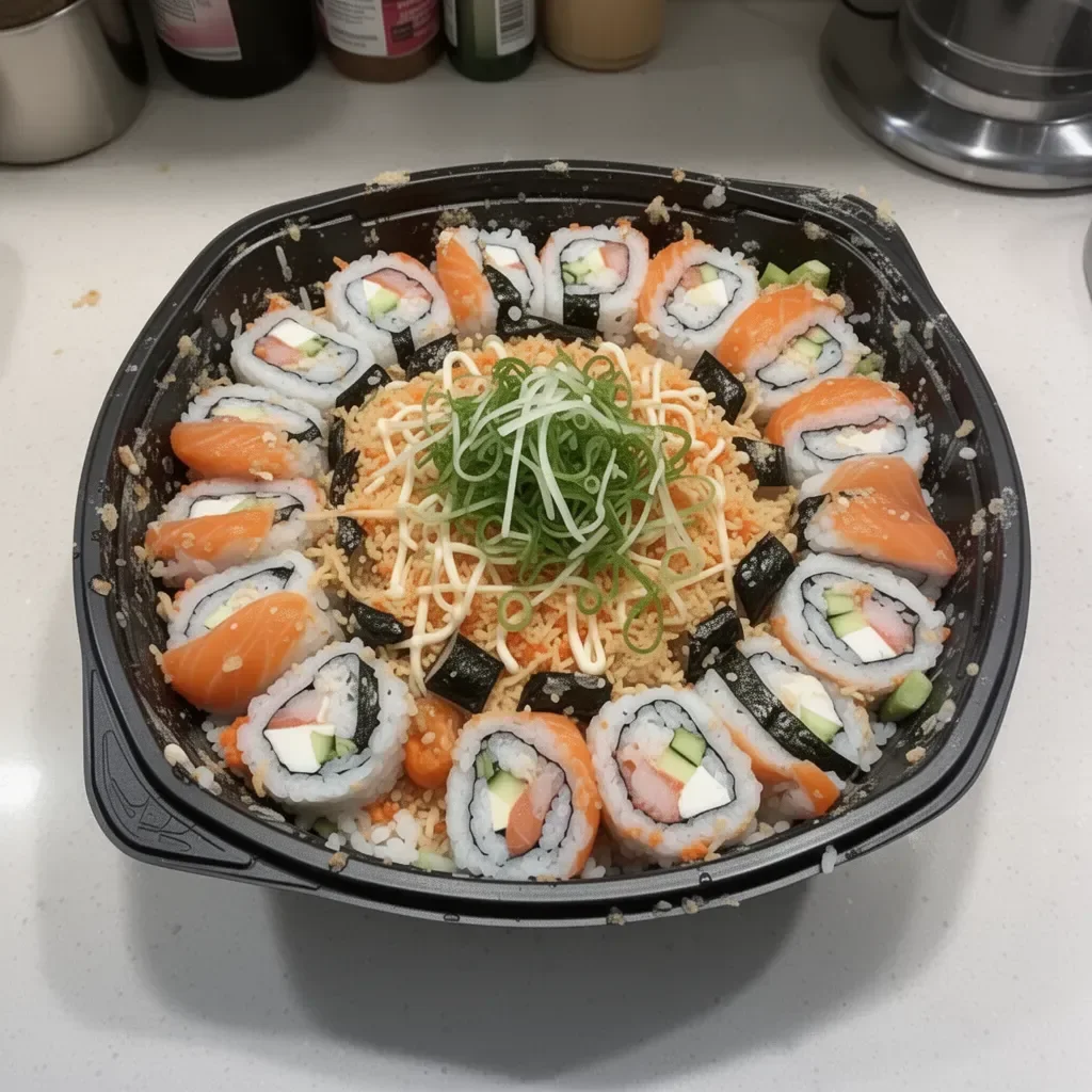 Delicious Sushi Bake dish topped with fresh ingredients and a crispy layer.