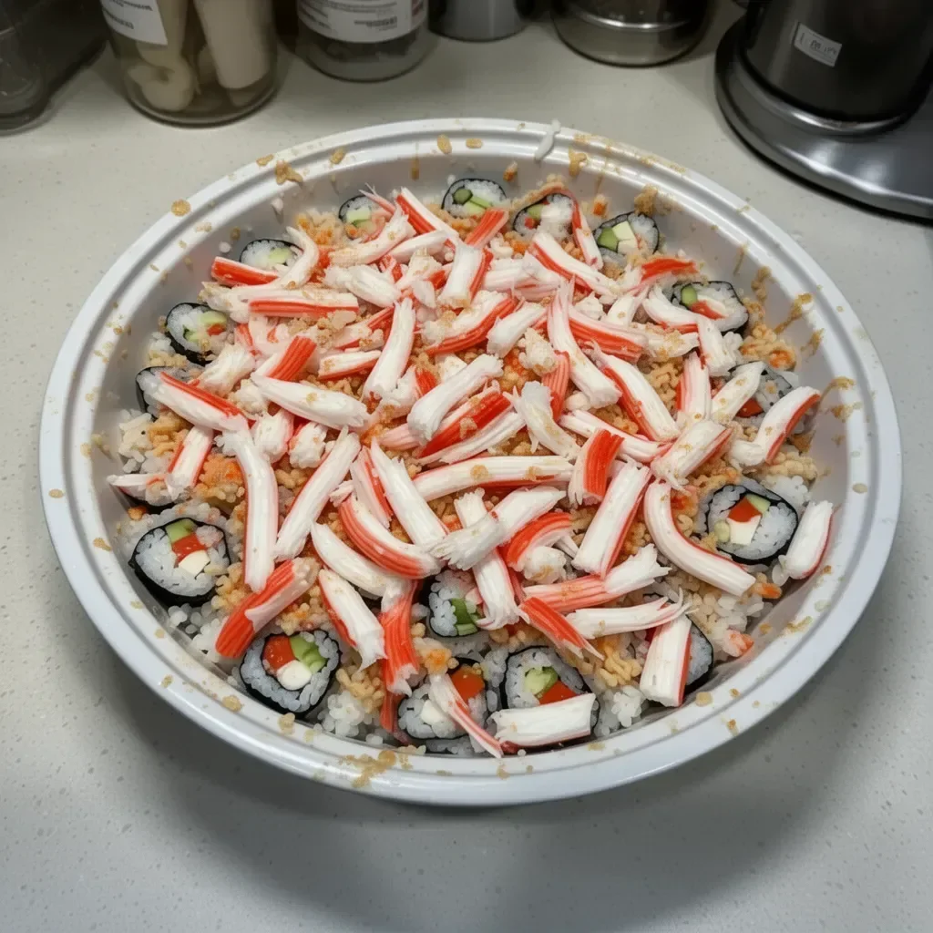 Baked sushi dish topped with fresh ingredients, ready to serve.