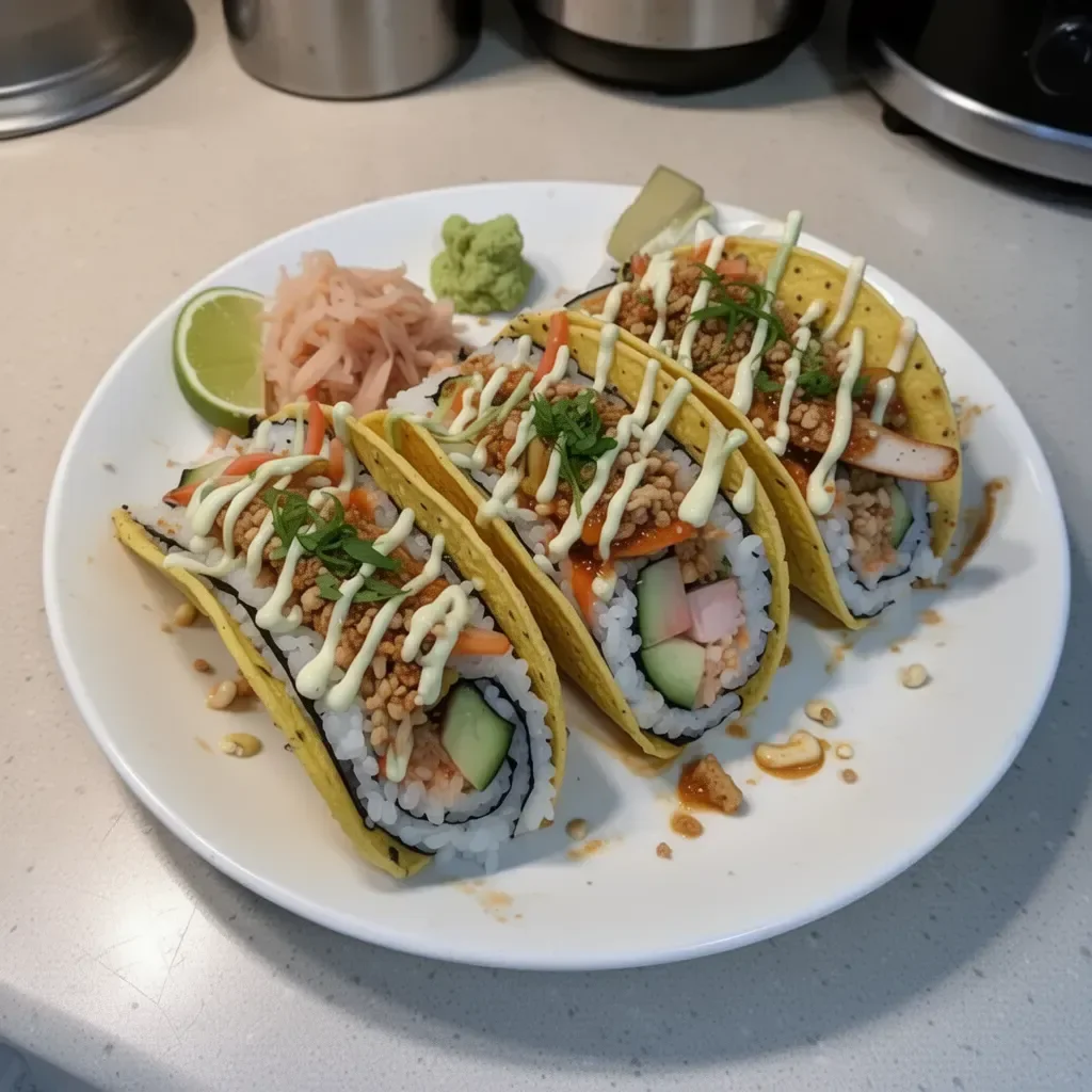 Delicious sushi tacos garnished with fresh ingredients and colorful toppings