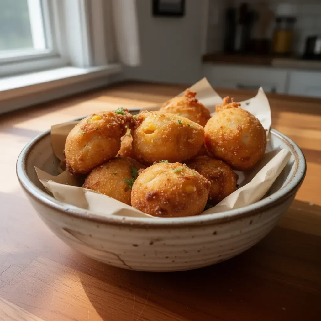 Delicious sweet crab hush puppies served on a plate