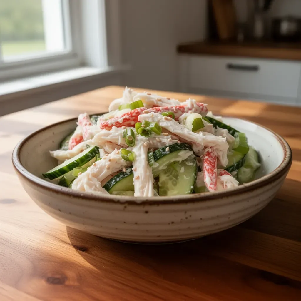 Tasty cucumber salad with crab meat served in a bowl